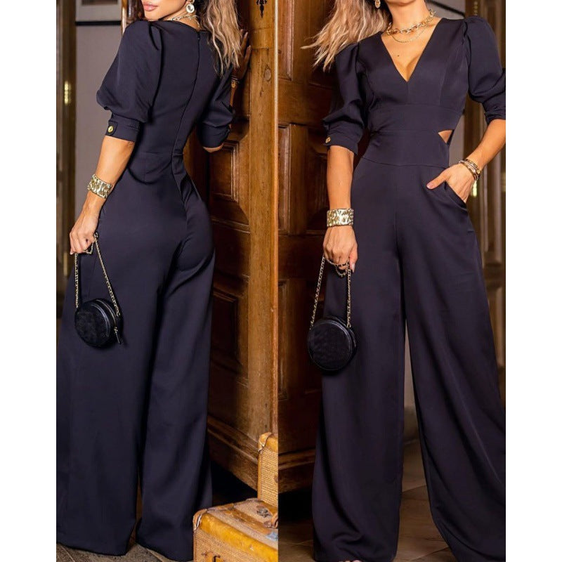 2022 Summer Fashion Women’s V-Neck Puff Sleeve Jumpsuit