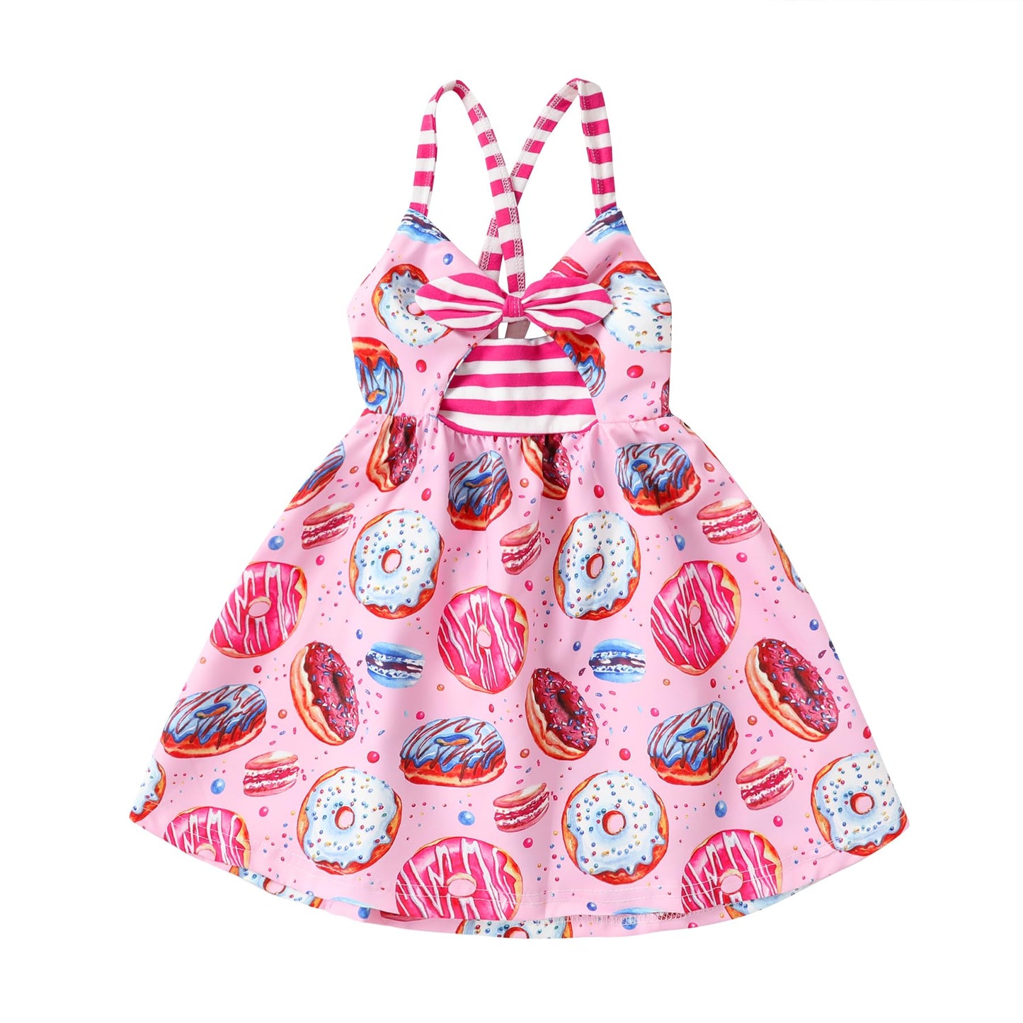 YOUNGER TREE Toddler Baby Girls Summer Dress Doughnut Print Sleeveless Strap Backless Sundress Beach Dress (Pink Doughnut 18-24 Months)