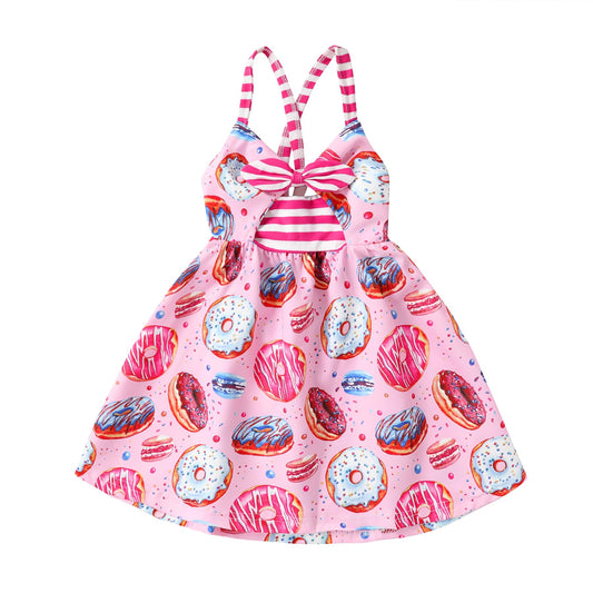 YOUNGER TREE Toddler Baby Girls Summer Dress Doughnut Print Sleeveless Strap Backless Sundress Beach Dress (Pink Doughnut 18-24 Months)