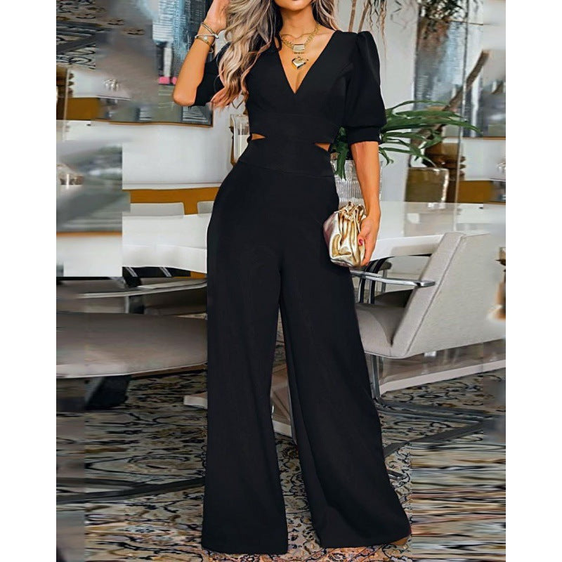 2022 Summer Fashion Women’s V-Neck Puff Sleeve Jumpsuit