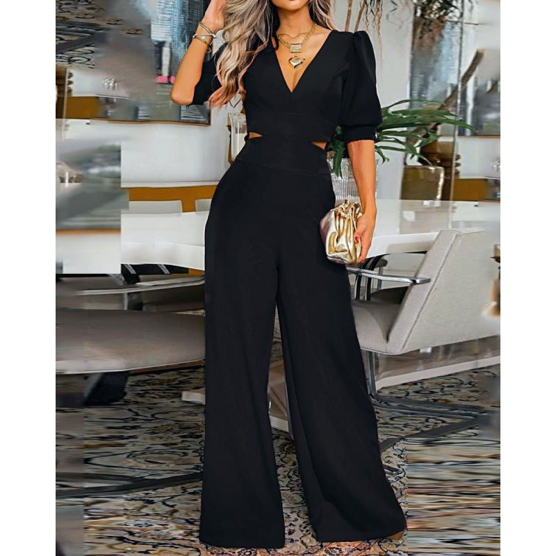 2022 Summer Fashion Women’s V-Neck Puff Sleeve Jumpsuit